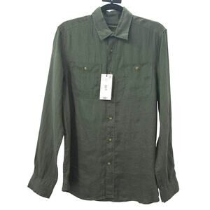 Piombo Shirt Mens Medium Green Pure Linen Long Sleeve Button-Up Casual